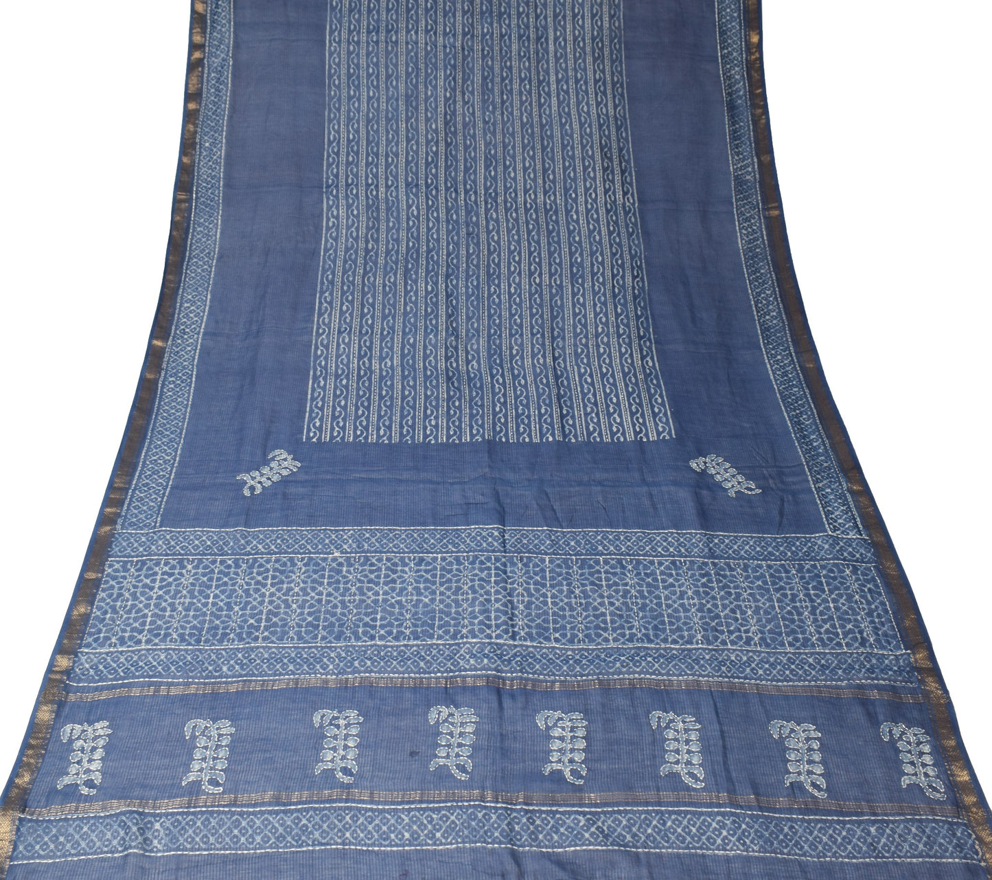 Sushila Vintage Blue Pure Cotton Dupatta Batik Print Hand Embroidered Long Stole