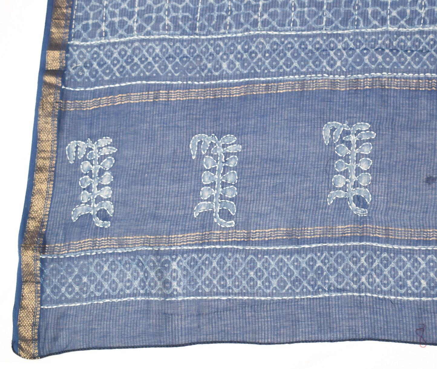 Sushila Vintage Blue Pure Cotton Dupatta Batik Print Hand Embroidered Long Stole