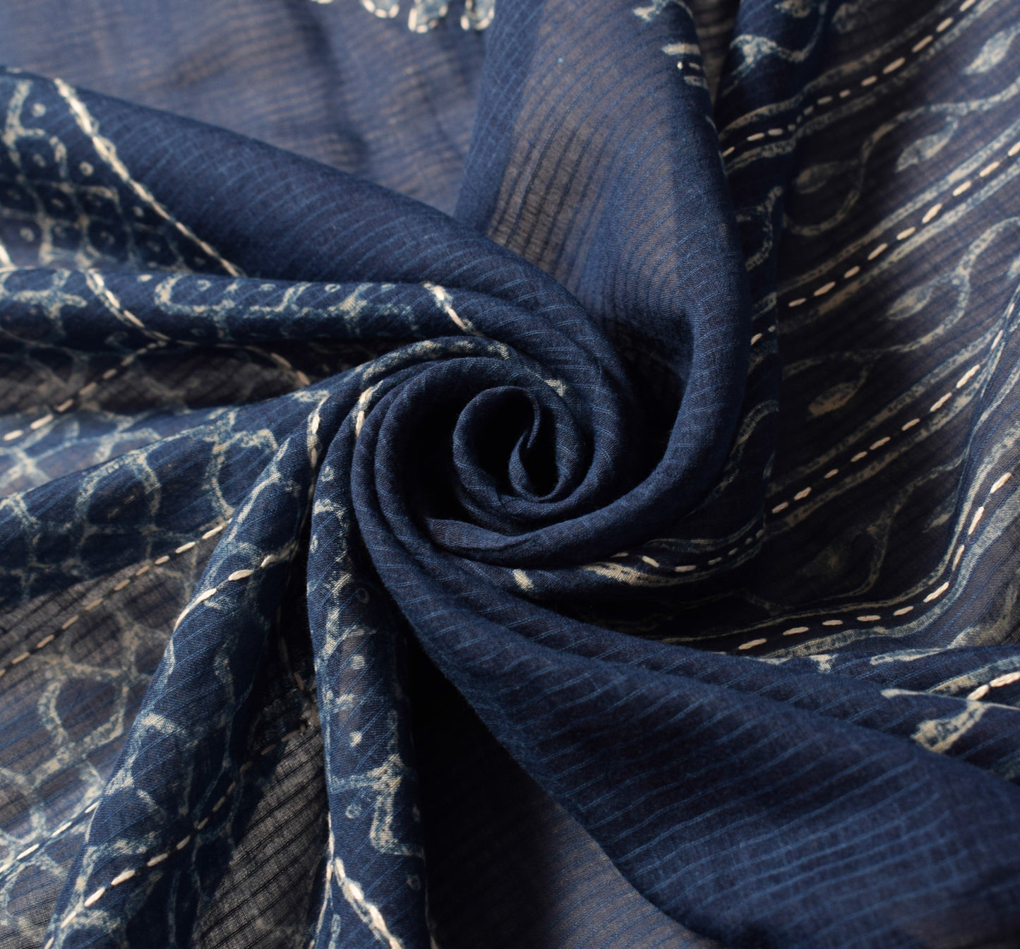 Sushila Vintage Blue Pure Cotton Dupatta Batik Print Hand Embroidered Long Stole