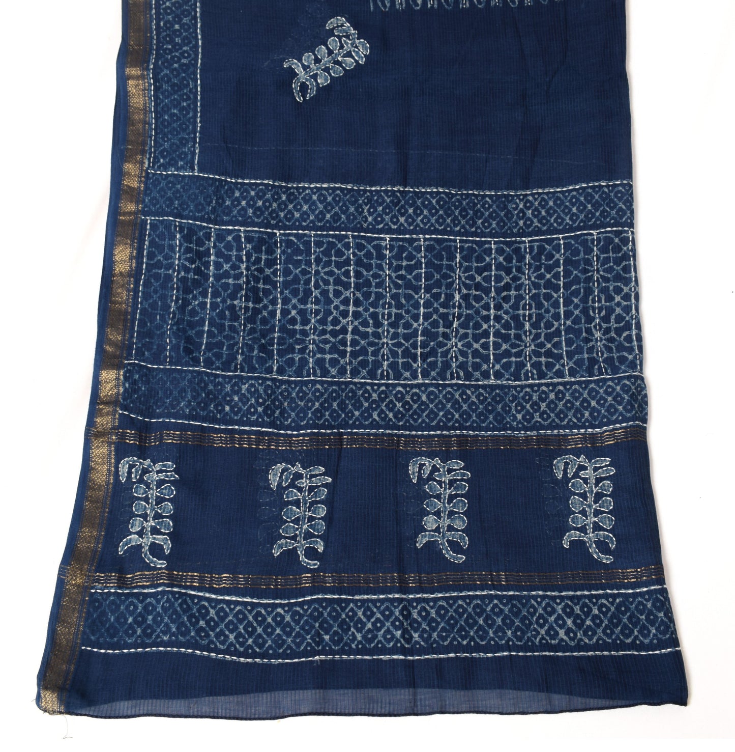 Sushila Vintage Blue Pure Cotton Dupatta Batik Print Hand Embroidered Long Stole
