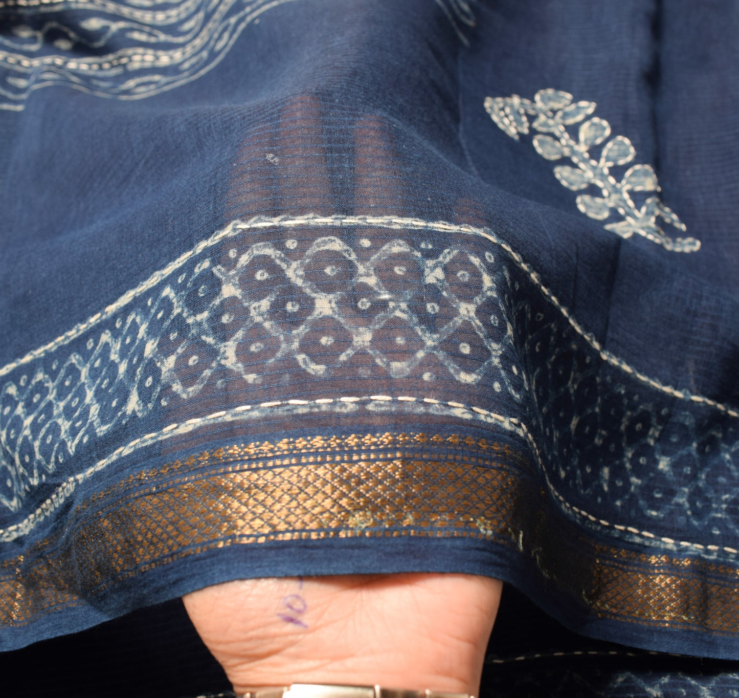 Sushila Vintage Blue Pure Cotton Dupatta Batik Print Hand Embroidered Long Stole