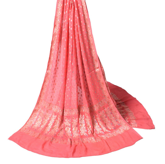 Sushila Vintage Floral Pink Dupatta All Over Woven Pure Chiffon Silk Long Stole