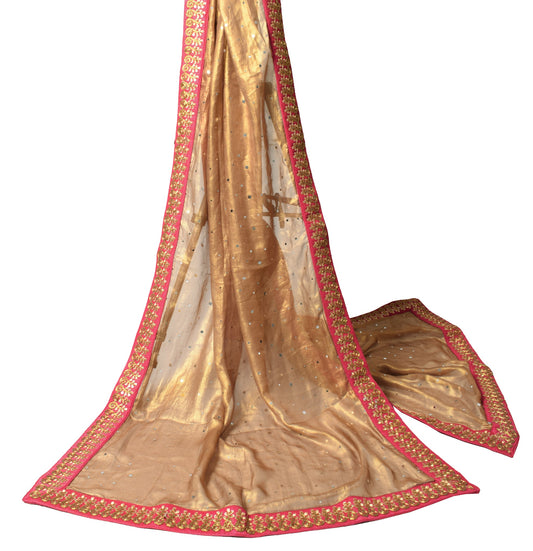 Sushila Vintage Gold Dupatta with Magenta Border Shimmer Embroidered  Long Stole