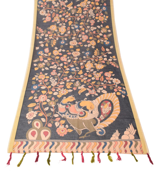Sushila Vintage Black Dupatta Art Cotton Kalamkari Printed Peacock Long Stole