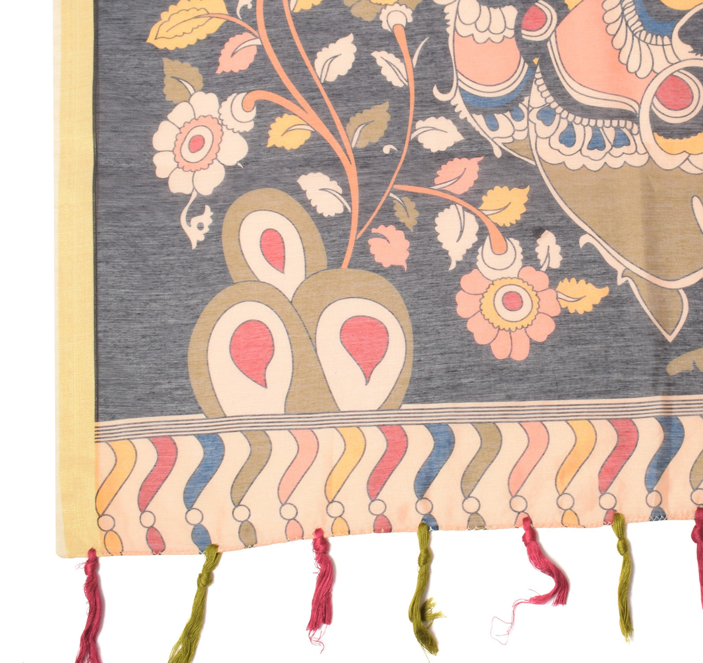 Sushila Vintage Black Dupatta Art Cotton Kalamkari Printed Peacock Long Stole