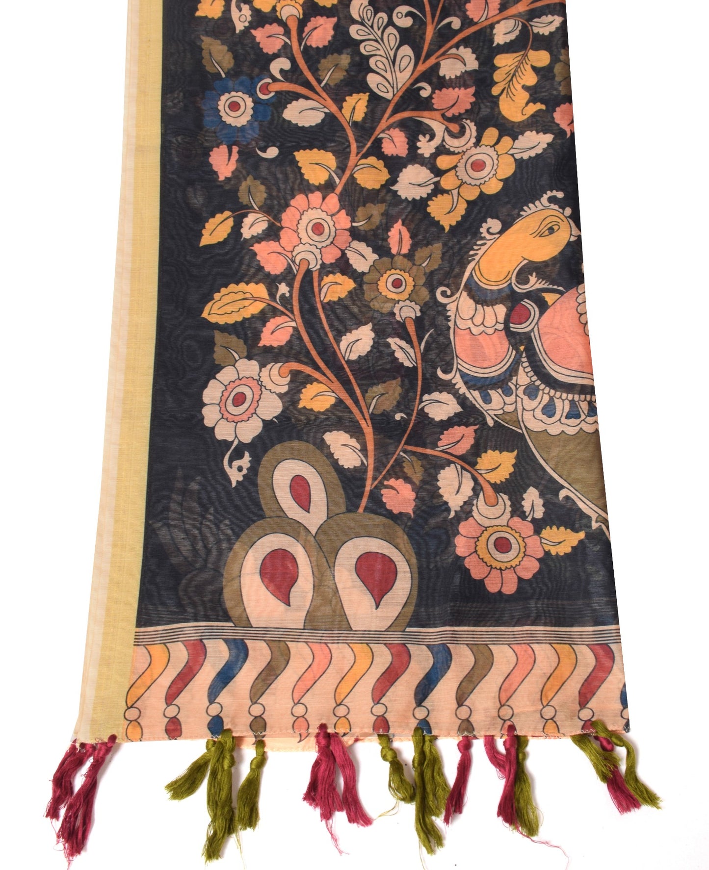 Sushila Vintage Black Dupatta Art Cotton Kalamkari Printed Peacock Long Stole