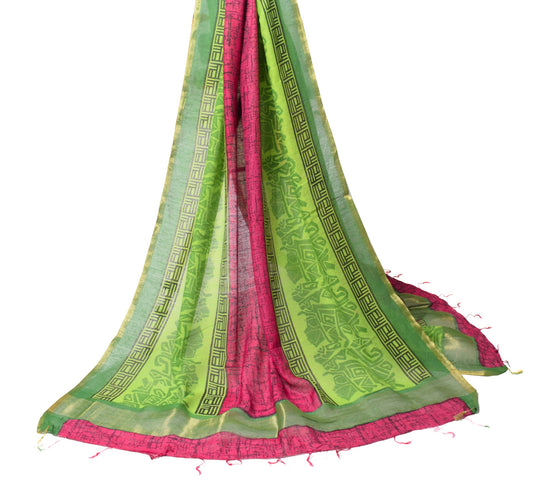 Sushila Vintage Green Magenta Dupatta Block Printed Pure Cotton Silk Long Stole