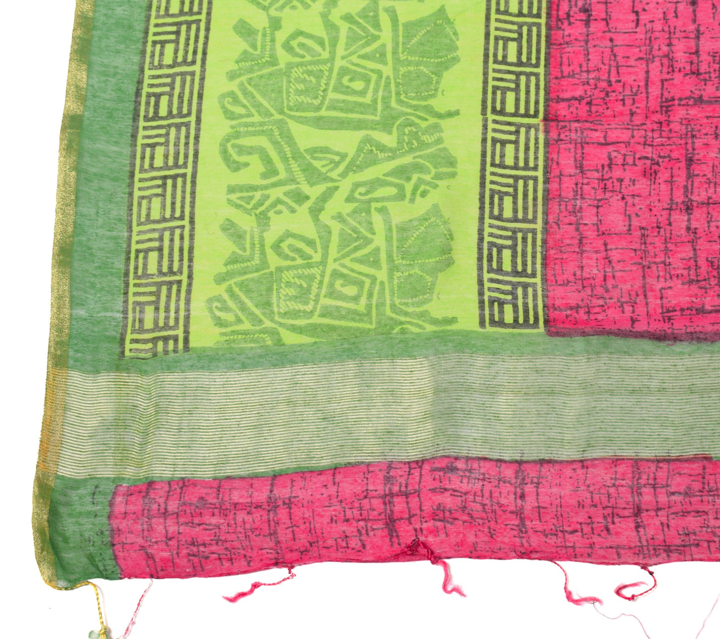 Sushila Vintage Green Magenta Dupatta Block Printed Pure Cotton Silk Long Stole