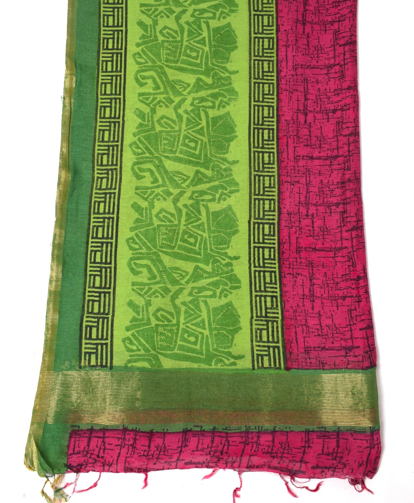 Sushila Vintage Green Magenta Dupatta Block Printed Pure Cotton Silk Long Stole