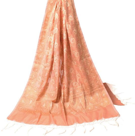 Sushila Vintage Banarasi Peach Dupatta Art Cotton Silk Floral Woven Long Stole