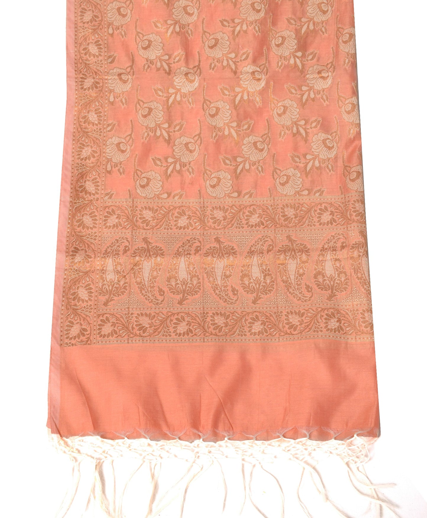 Sushila Vintage Banarasi Peach Dupatta Art Cotton Silk Floral Woven Long Stole