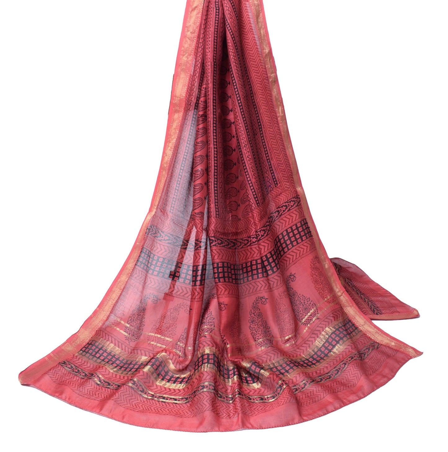 Sushila Vintage Hand Block Printed Dupatta Maroon Pure Cotton Silk Long Stole