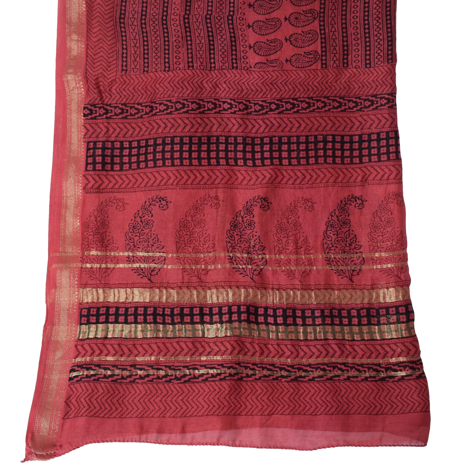 Sushila Vintage Hand Block Printed Dupatta Maroon Pure Cotton Silk Long Stole