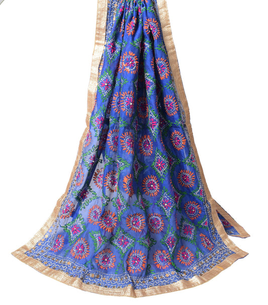 Sushila Vintage Blue Heavy Dupatta Art Silk Handmade Phulkari OOAK Long Stole