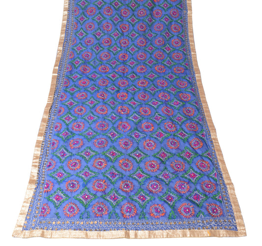 Sushila Vintage Blue Heavy Dupatta Art Silk Handmade Phulkari OOAK Long Stole