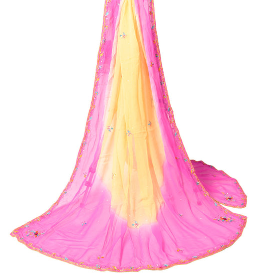 Sushila Vintage Yellow Pink Dupatta Pure Georgette Hand Embroidered Long Stole