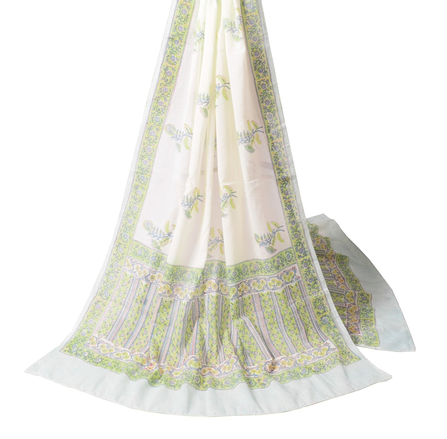 Sushila Vintage White BRANDED Dupatta Pure Cotton Hand Block Printed Long Stole