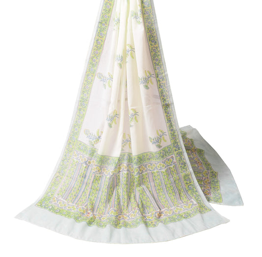 Sushila Vintage White BRANDED Dupatta Pure Cotton Hand Block Printed Long Stole