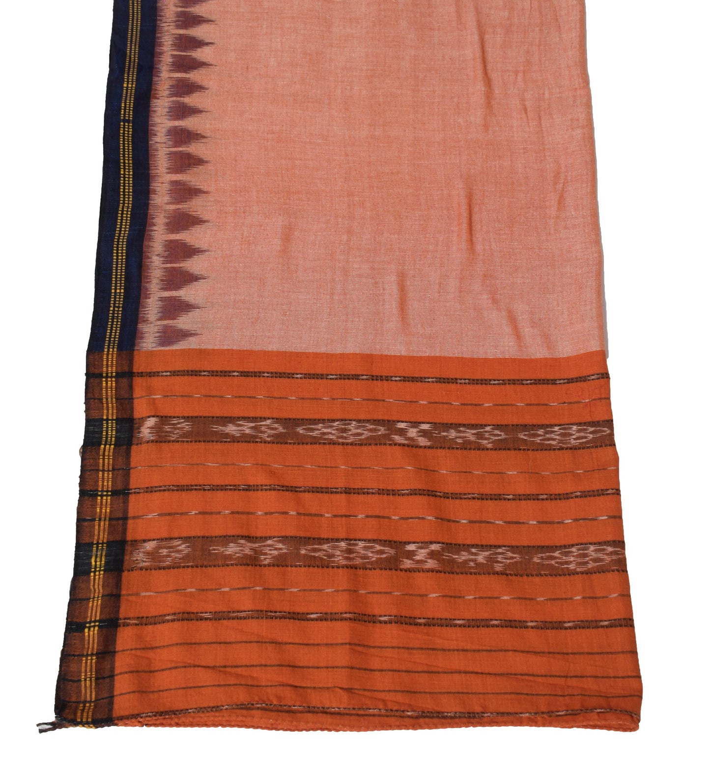 Sushila Vintage Pure Cotton Dupatta Hand Woven Ikat Cream & Rust Long Stole Wrap