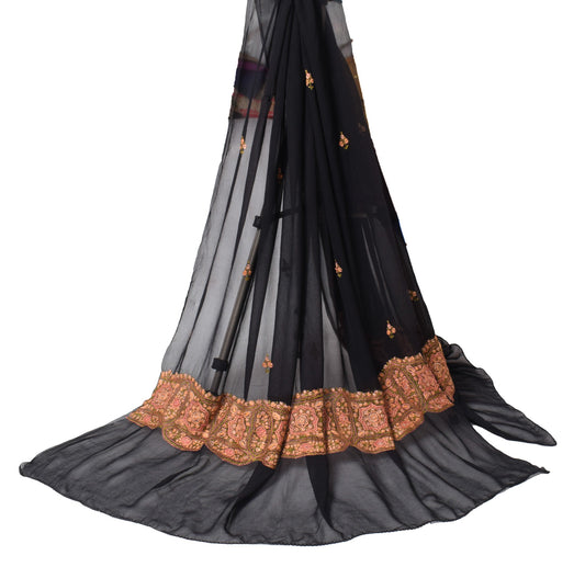 Sushila Vintage Hand Embroidered Dupatta Black Pure Georgette Floral Long Stole