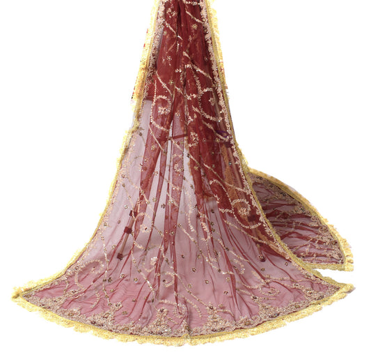 Sushila Vintage Zardozi Work Heavy Dupatta Net Mesh Maroon Wedding Long Stole