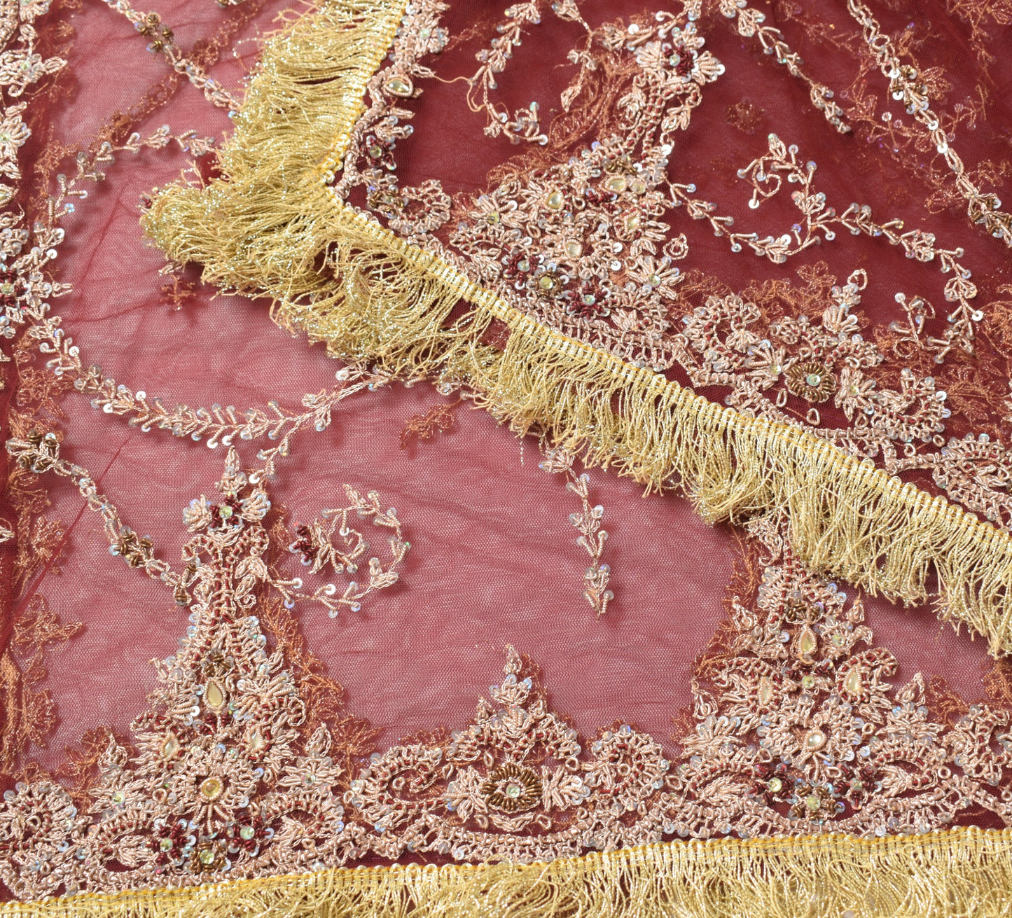 Sushila Vintage Zardozi Work Heavy Dupatta Net Mesh Maroon Wedding Long Stole