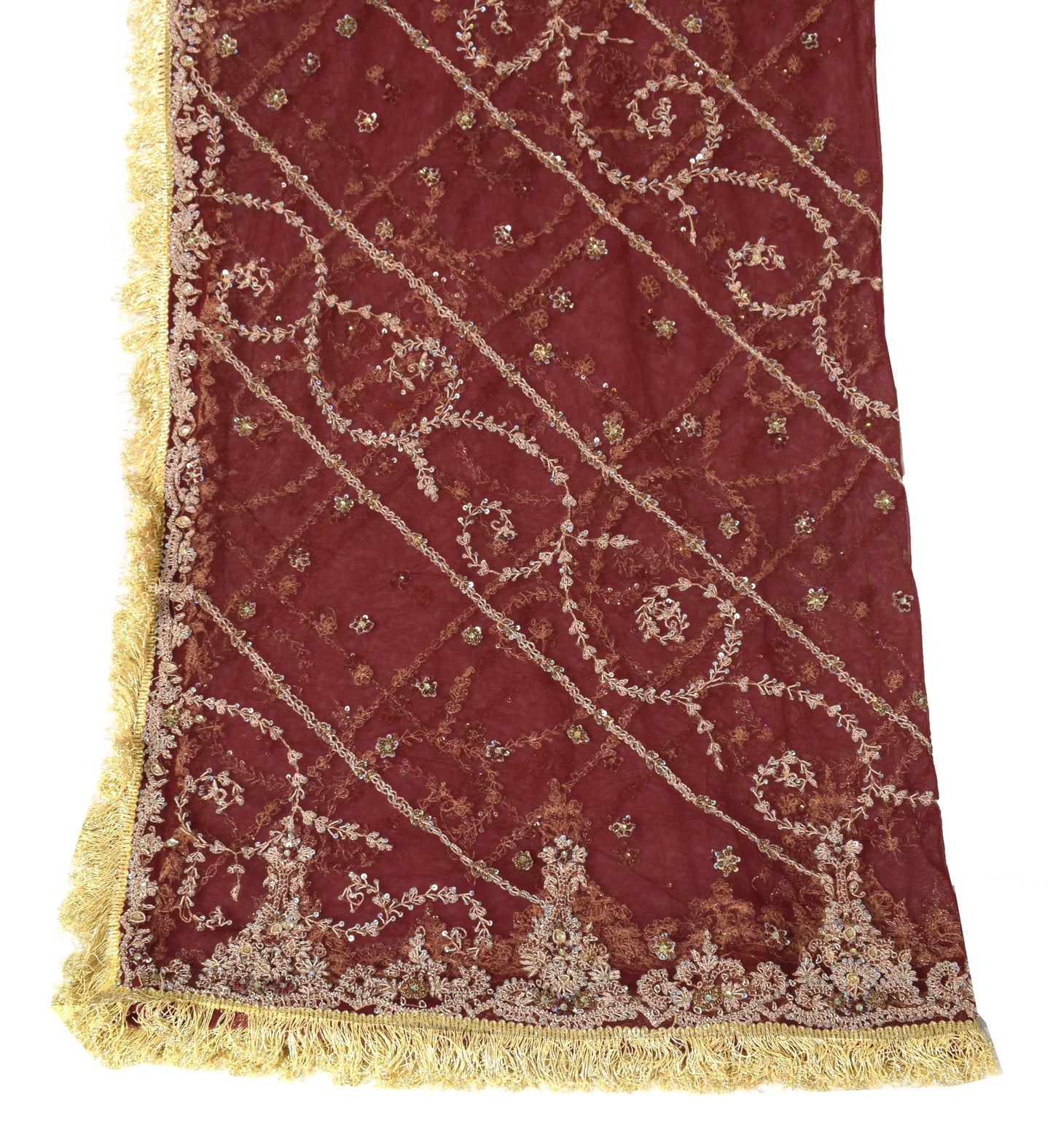 Sushila Vintage Zardozi Work Heavy Dupatta Net Mesh Maroon Wedding Long Stole