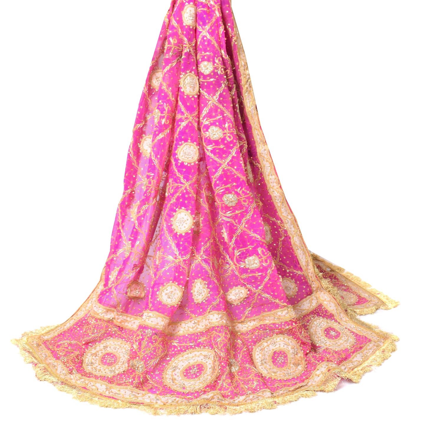 Sushila Vintage Magenta Gold Heavy Dupatta Pure Chiffon Hand Beaded Long Stole