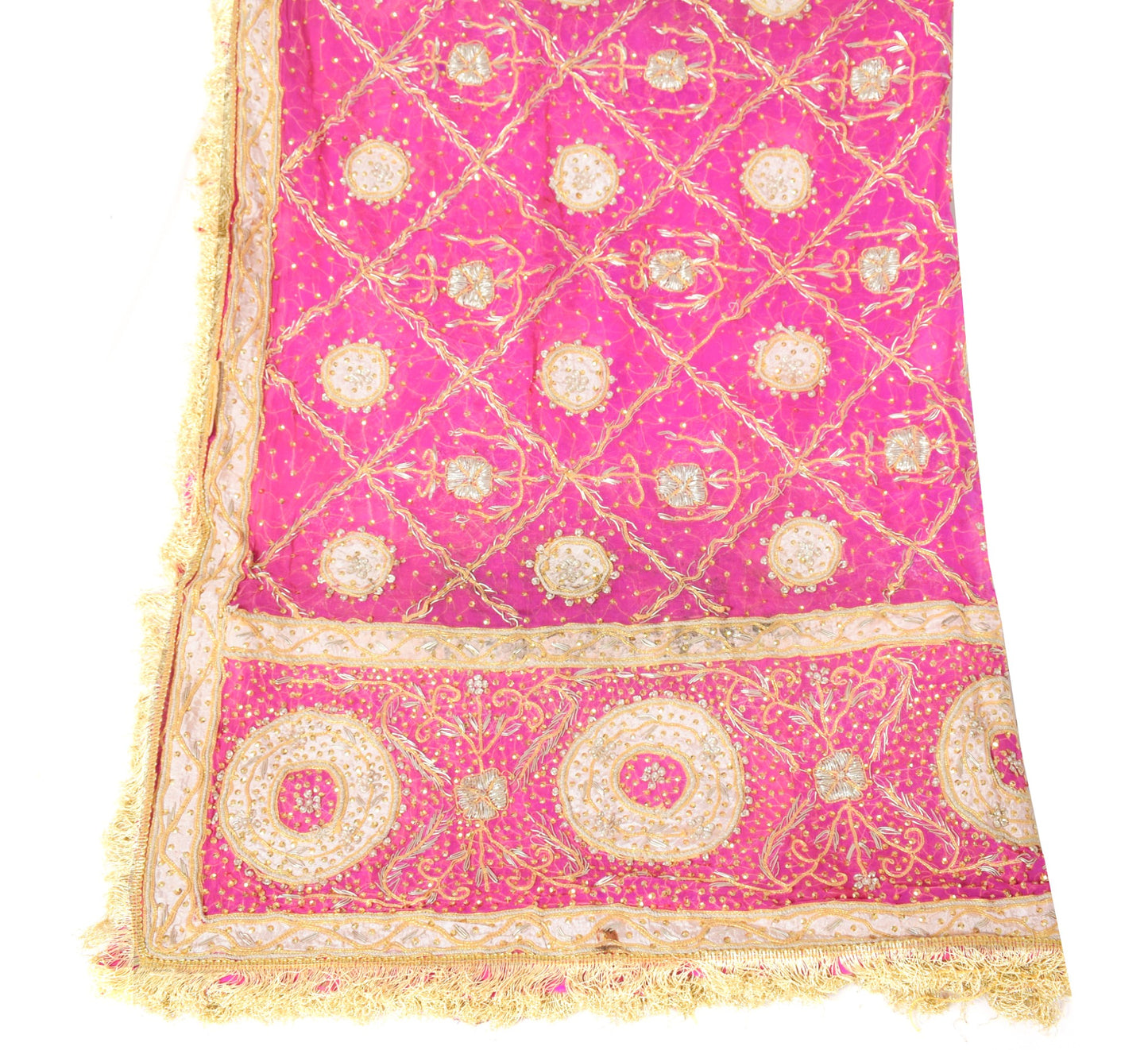Sushila Vintage Magenta Gold Heavy Dupatta Pure Chiffon Hand Beaded Long Stole
