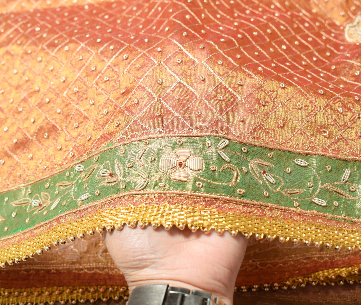 Sushila Vintage Golden Heavy Dupatta Art Tissue Hand Beaded Zardozi Long Stole