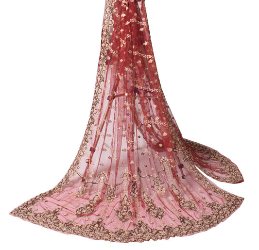 Sushila Vintage Net Mesh Heavy Dupatta Maroon Sequins Zardozi Work Long Stole