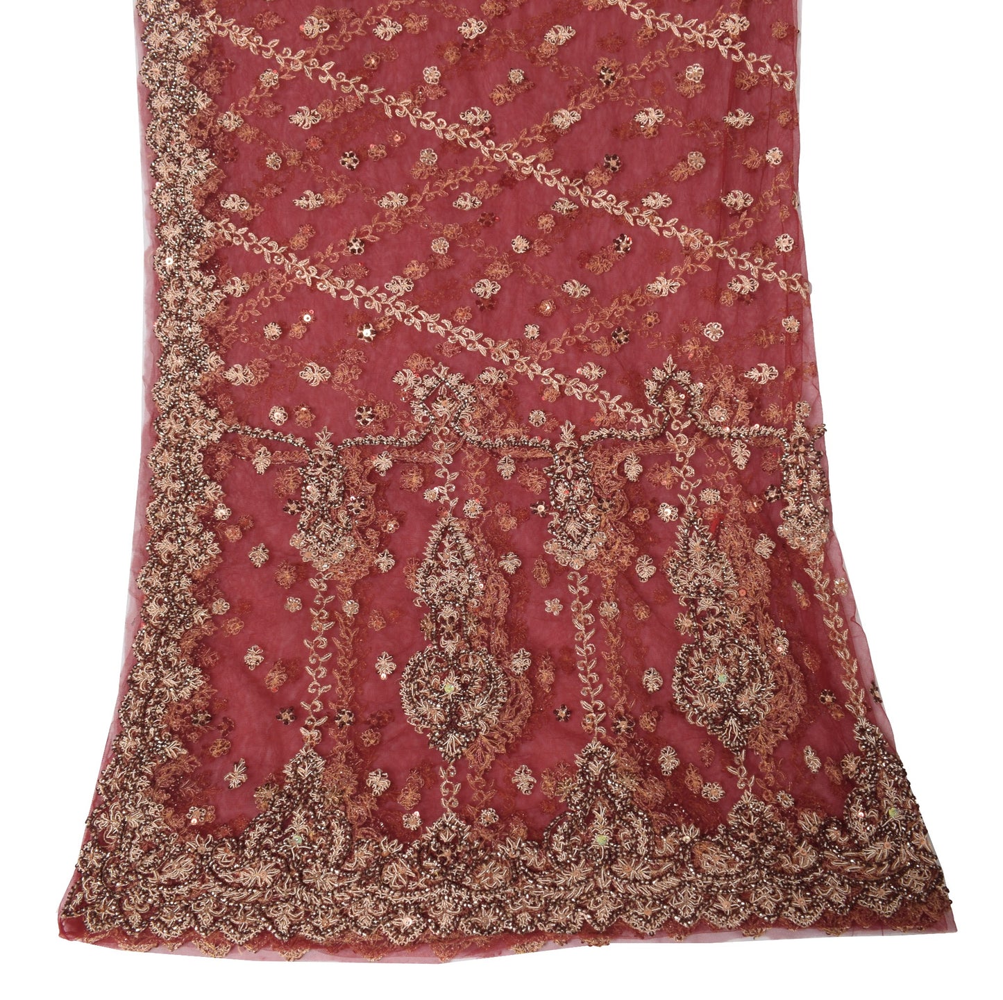 Sushila Vintage Net Mesh Heavy Dupatta Maroon Sequins Zardozi Work Long Stole