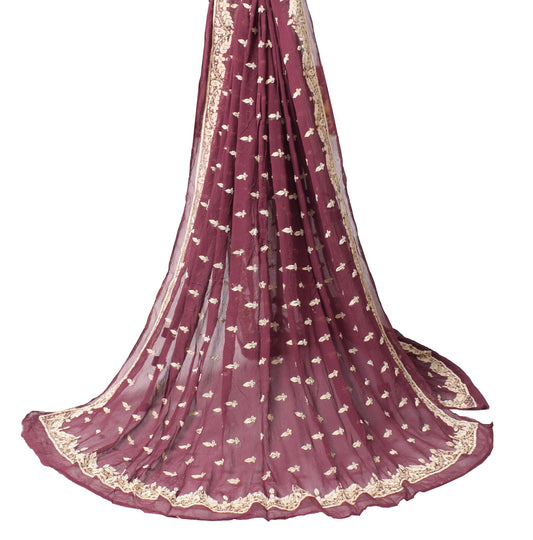 Sushila Vintage Dark Burgundy Heavy Dupatta Pure Chiffon Zardozi Work Long Stole