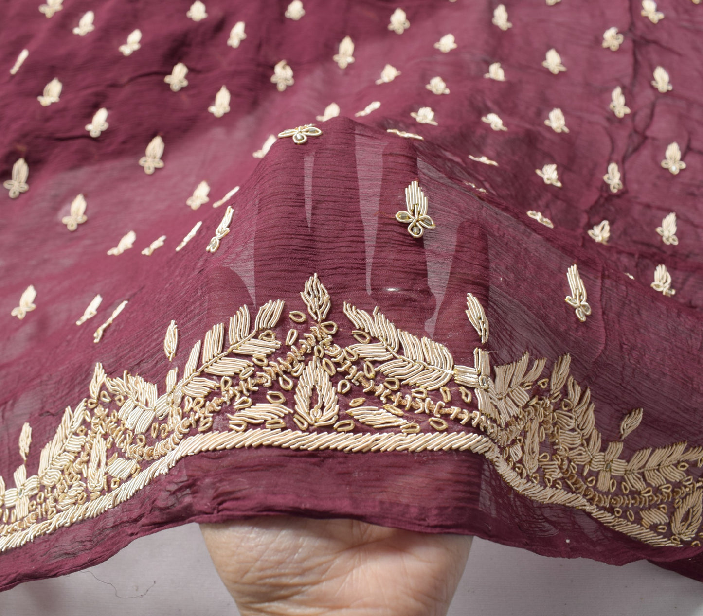 Sushila Vintage Dark Burgundy Heavy Dupatta Pure Chiffon Zardozi Work Long Stole