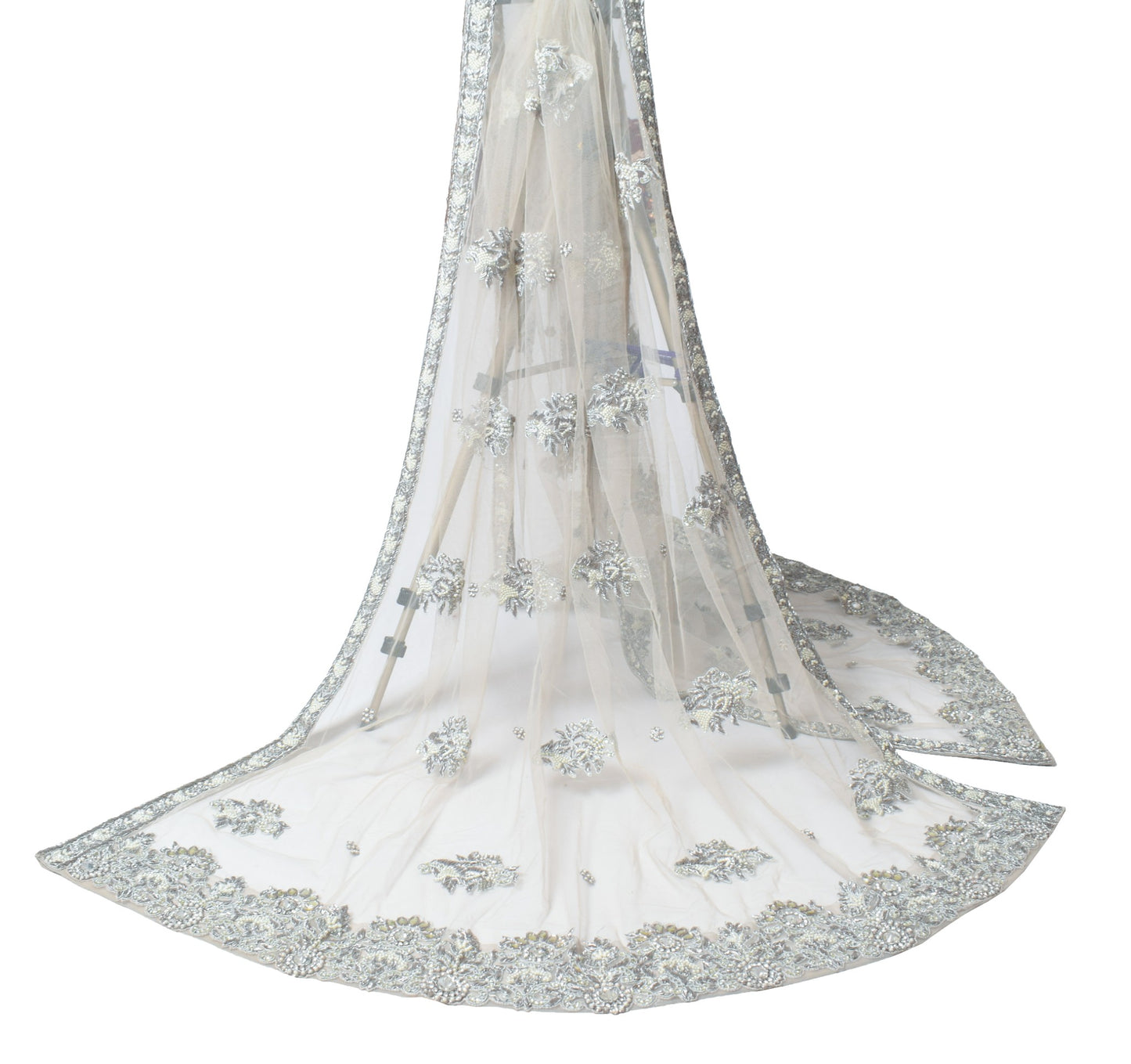 Sushila Vintage Gray Net Heavy Dupatta Hand Beaded Zardozi Weeding Long Stole