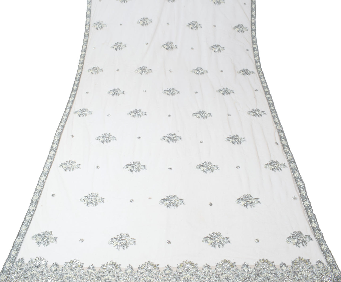 Sushila Vintage Gray Net Heavy Dupatta Hand Beaded Zardozi Weeding Long Stole