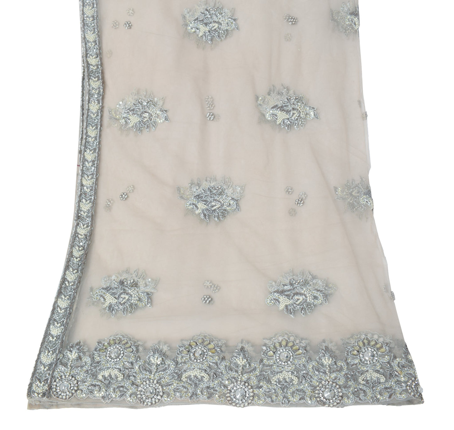 Sushila Vintage Gray Net Heavy Dupatta Hand Beaded Zardozi Weeding Long Stole