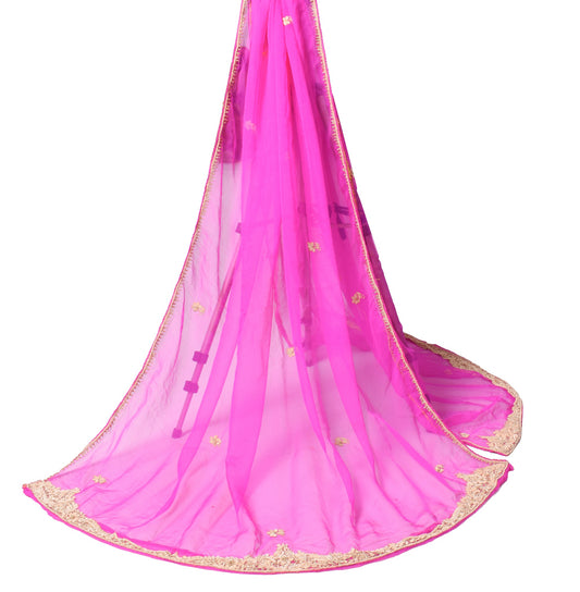 Sushila Vintage Pure Chiffon Dupatta Fuchsia Pink Hand Beaded Zardozi Long Stole
