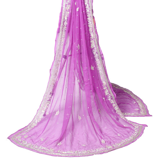Sushila Vintage Purple Floral Dupatta Pure Chiffon Zari Embroidered Long Stole
