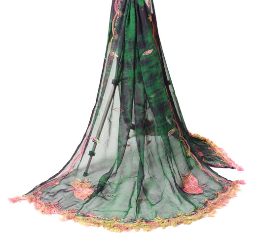 Sushila Vintage Green Black Dupatta Tie-Dye&Embroidered Pure Chiffon Long Stole