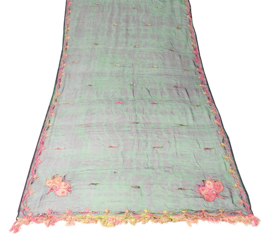 Sushila Vintage Green Black Dupatta Tie-Dye&Embroidered Pure Chiffon Long Stole