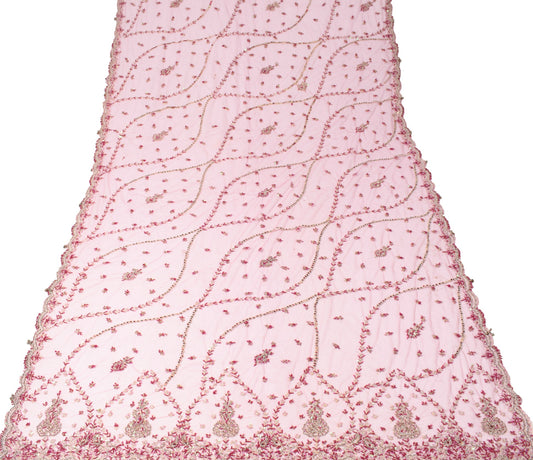 Sushila Vintage Pink Net Heavy Dupatta Zardozi Cutwork Floral Wedding Long Stole