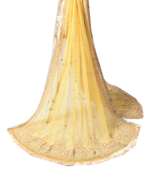 Sushila Vintage Yellow Net Mesh Heavy Dupatta Hand Beaded Zardozi Long Stole
