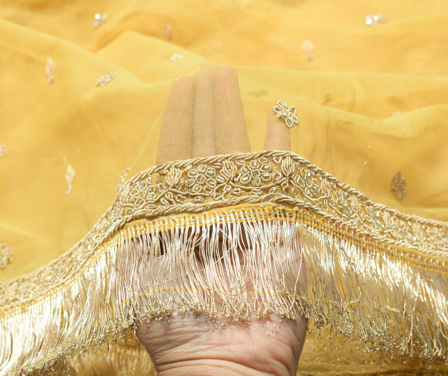 Sushila Vintage Yellow Net Mesh Heavy Dupatta Hand Beaded Zardozi Long Stole