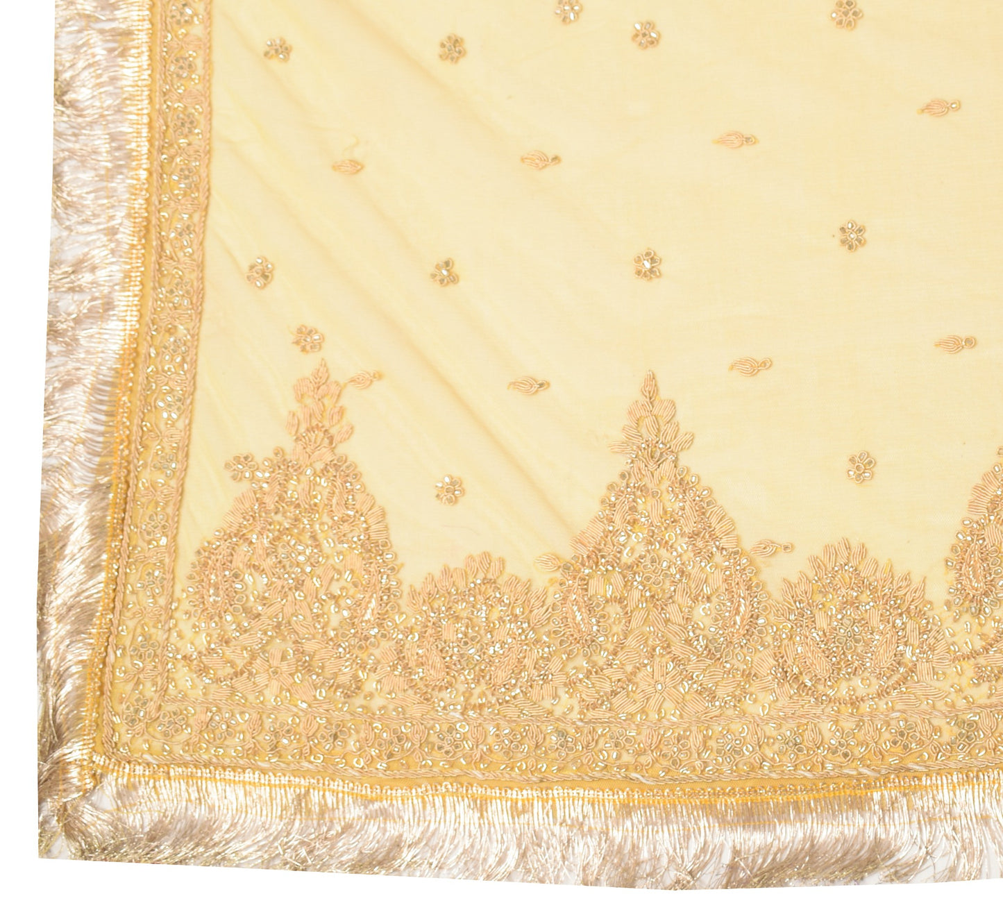 Sushila Vintage Yellow Net Mesh Heavy Dupatta Hand Beaded Zardozi Long Stole