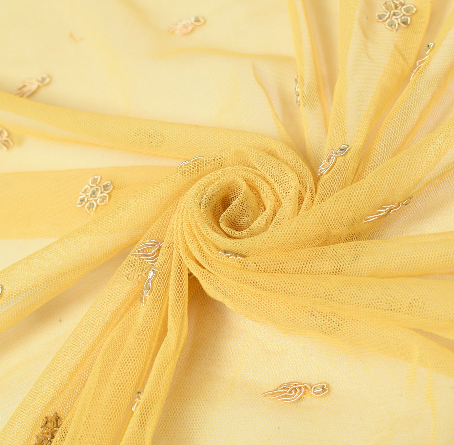Sushila Vintage Yellow Net Mesh Heavy Dupatta Hand Beaded Zardozi Long Stole