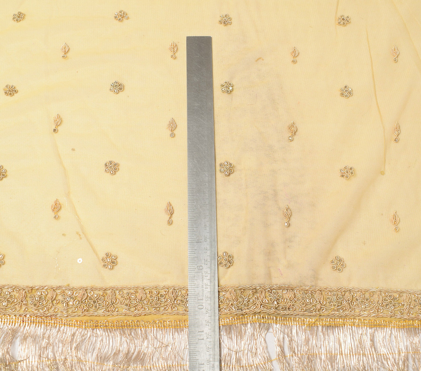 Sushila Vintage Yellow Net Mesh Heavy Dupatta Hand Beaded Zardozi Long Stole