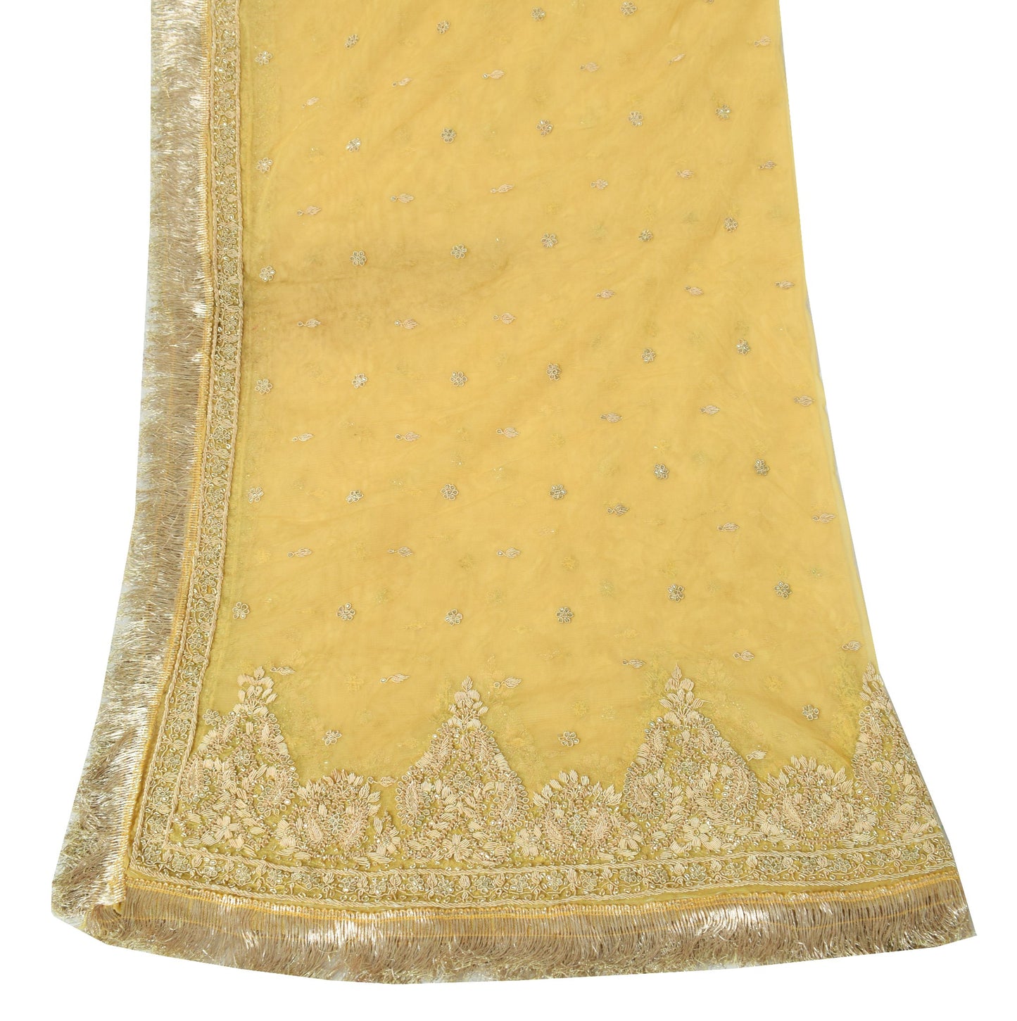 Sushila Vintage Yellow Net Mesh Heavy Dupatta Hand Beaded Zardozi Long Stole