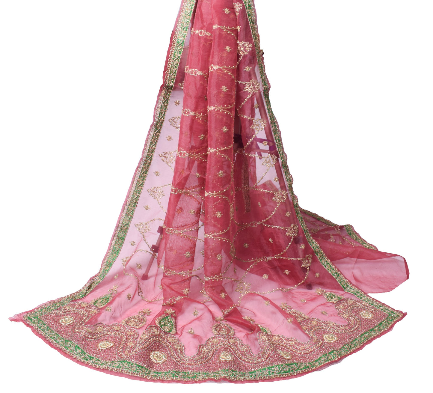 Sushila Vintage Art Organza Heavy Dupatta Hand Beaded Maroon Green Long Stole