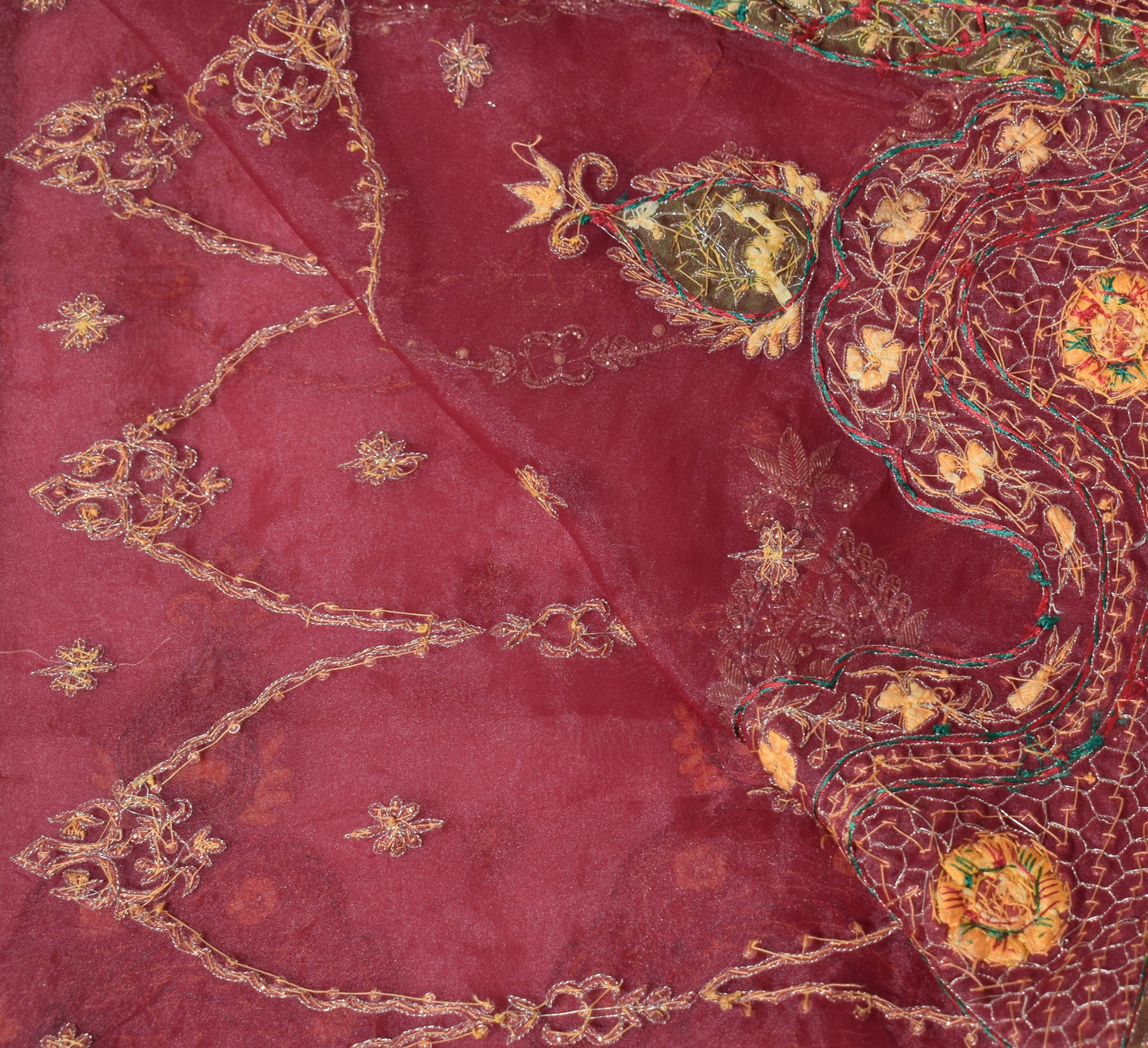 Sushila Vintage Art Organza Heavy Dupatta Hand Beaded Maroon Green Long Stole